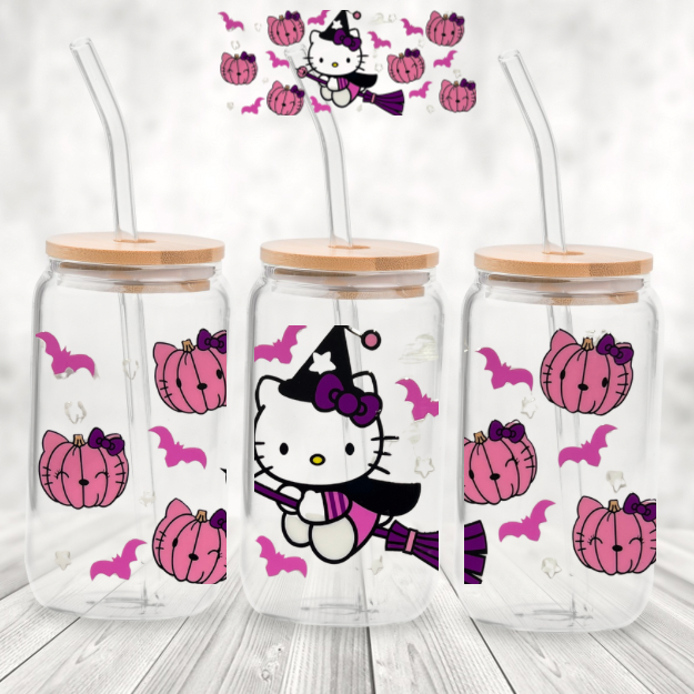 Spookie 16 Ounce Tumblers - Spookie Purple Kitty on a Broom