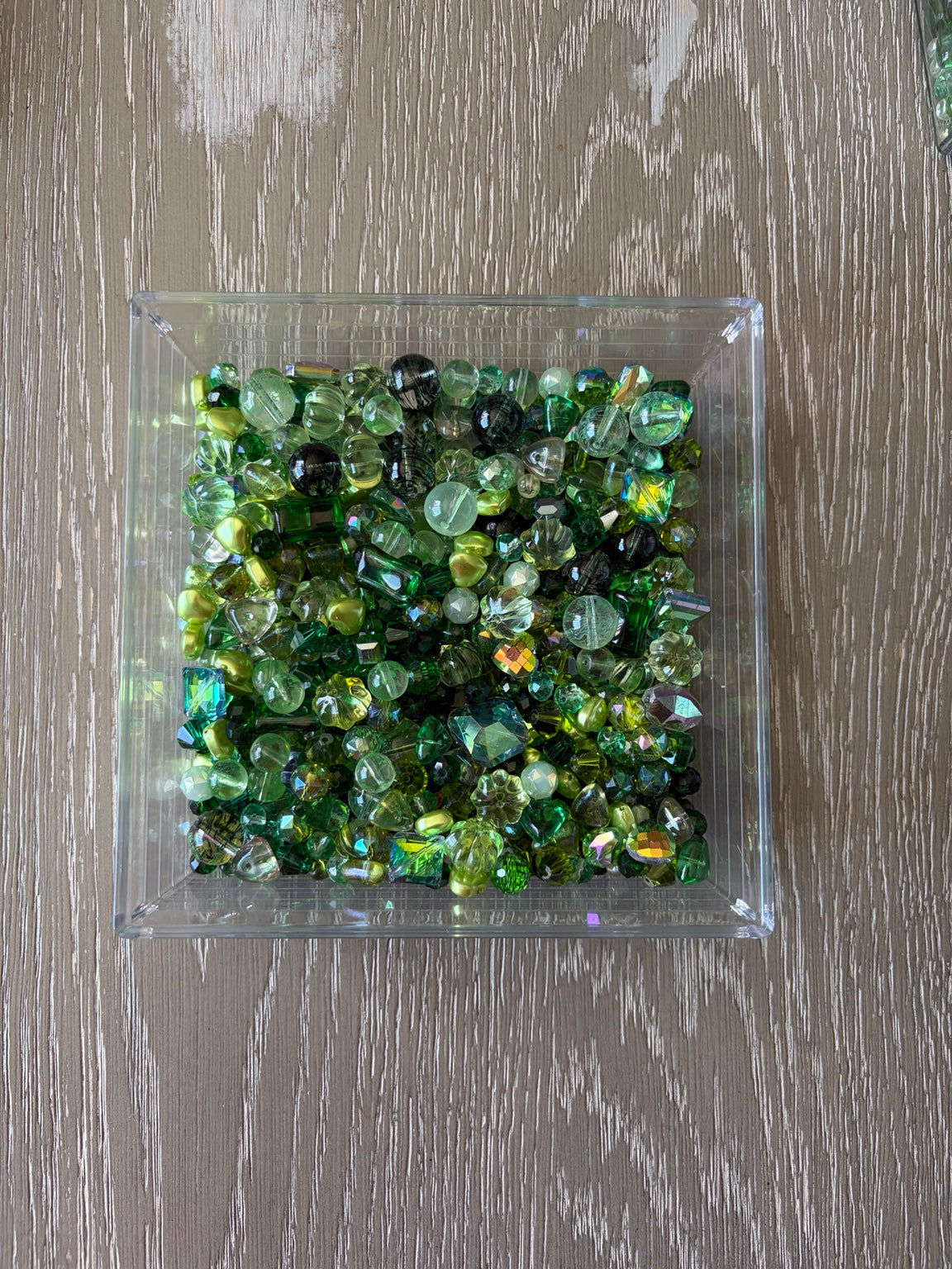 Emerald Bling Bling Lux Mix green glass bead assortment in clear square container