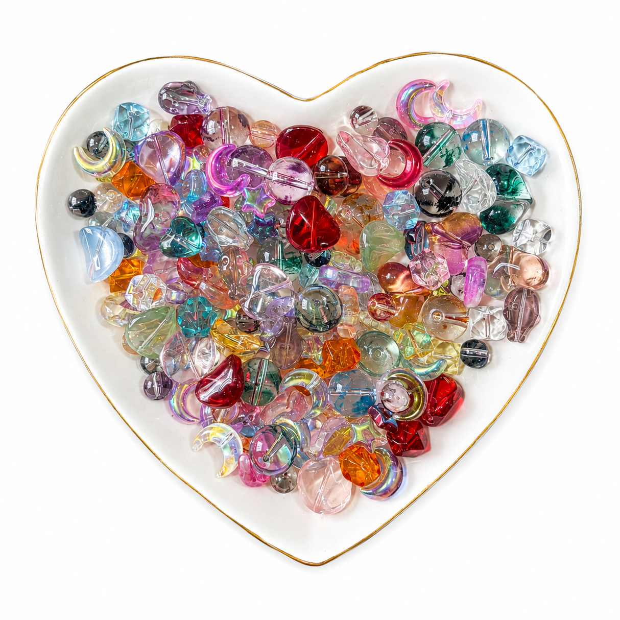 Prism Glow Glass Bead Mix translucent multicolor beads in a heart-shaped dish on a clean white background
