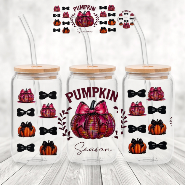 Spookie 16 Ounce Tumblers with Lid Design - Pink Jewel Pumpkin/Black Bow