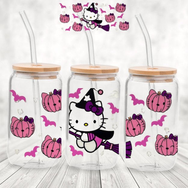 Spookie 16 Ounce Tumblers -  Spookie Purple Kitty on a Broom