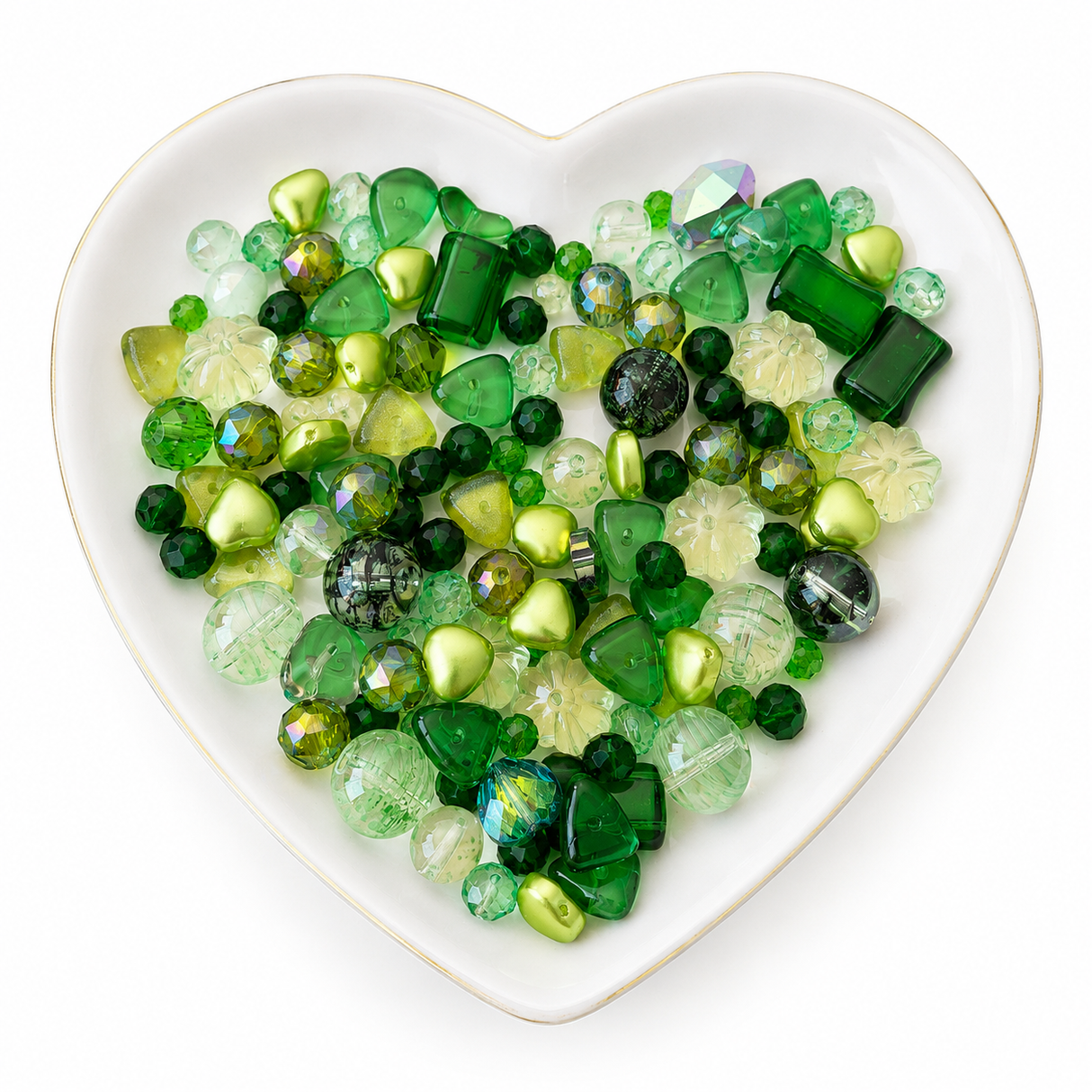 Emerald Bling Bling Lux Mix sparkling green glass bead assortment in heart-shaped dish