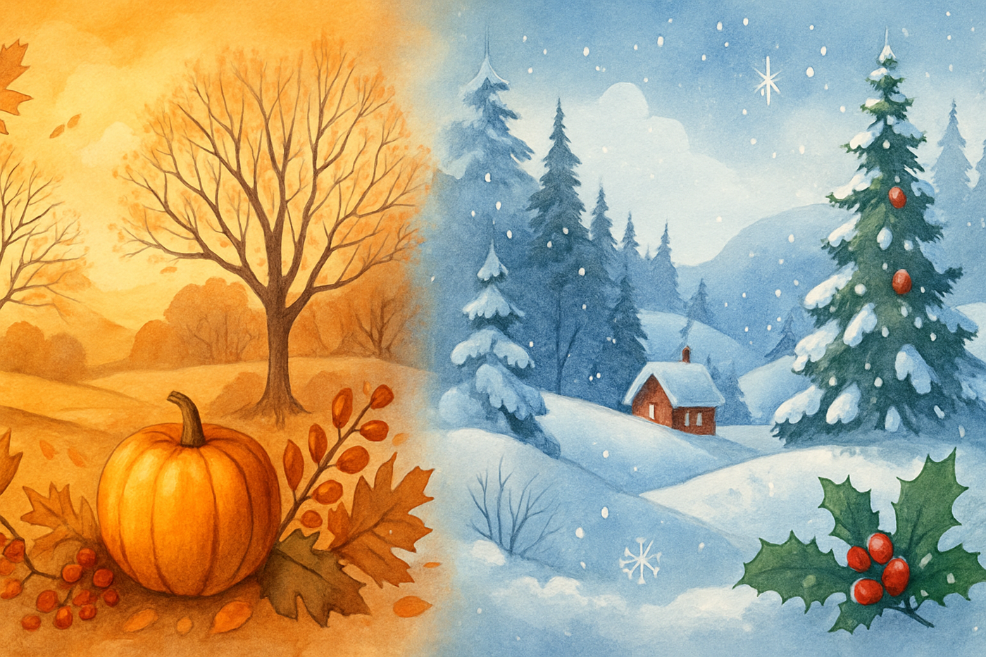 Is it possible to create an image that shows fall them tranisitioning into winter theme. So maybe the colors and images start off on left and then the pictures transitions to winter theme in blues, whites , reds, green