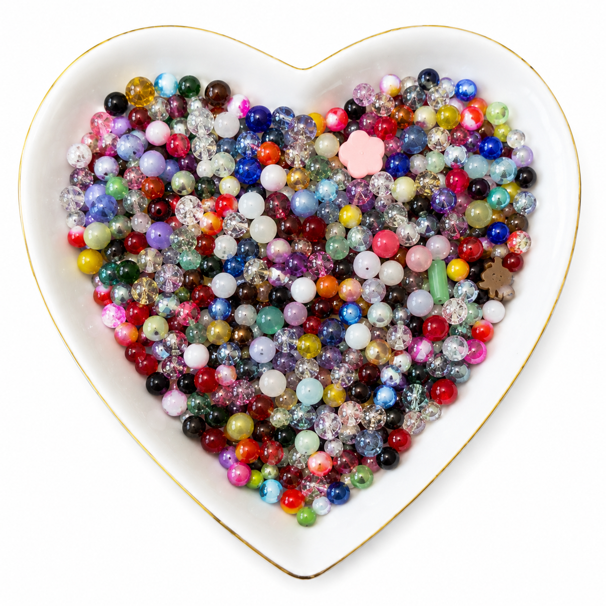 Kafei $1 assorted bead mix in a white heart-shaped dish