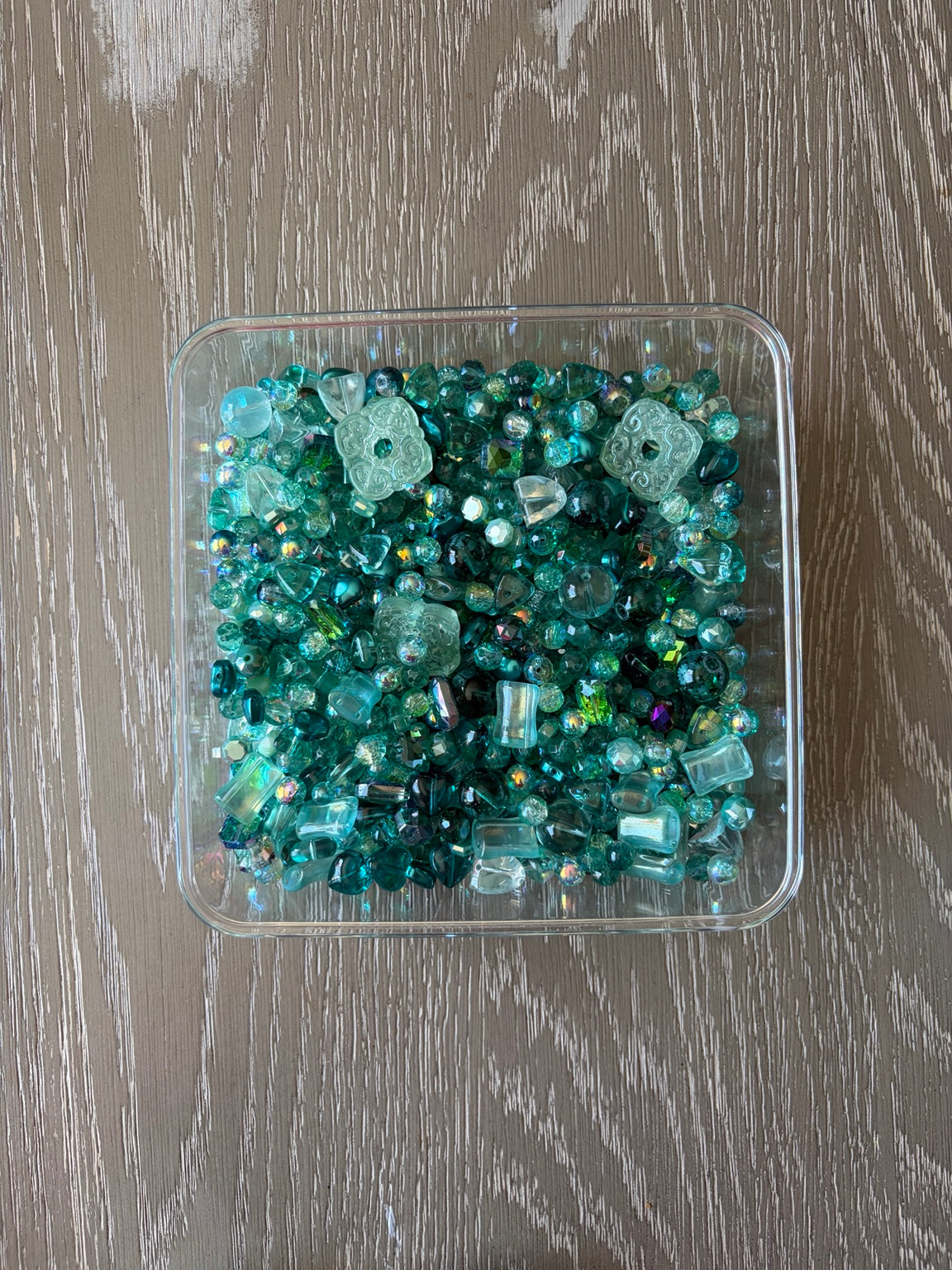 Teal Dreams Bling Bling Lux Mix teal glass bead assortment in clear square container